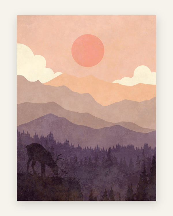 Børneplakat med græssende hjortesilhuet i lilla og lyserød solnedgang med koralsol og cremesky til pigeværelset
