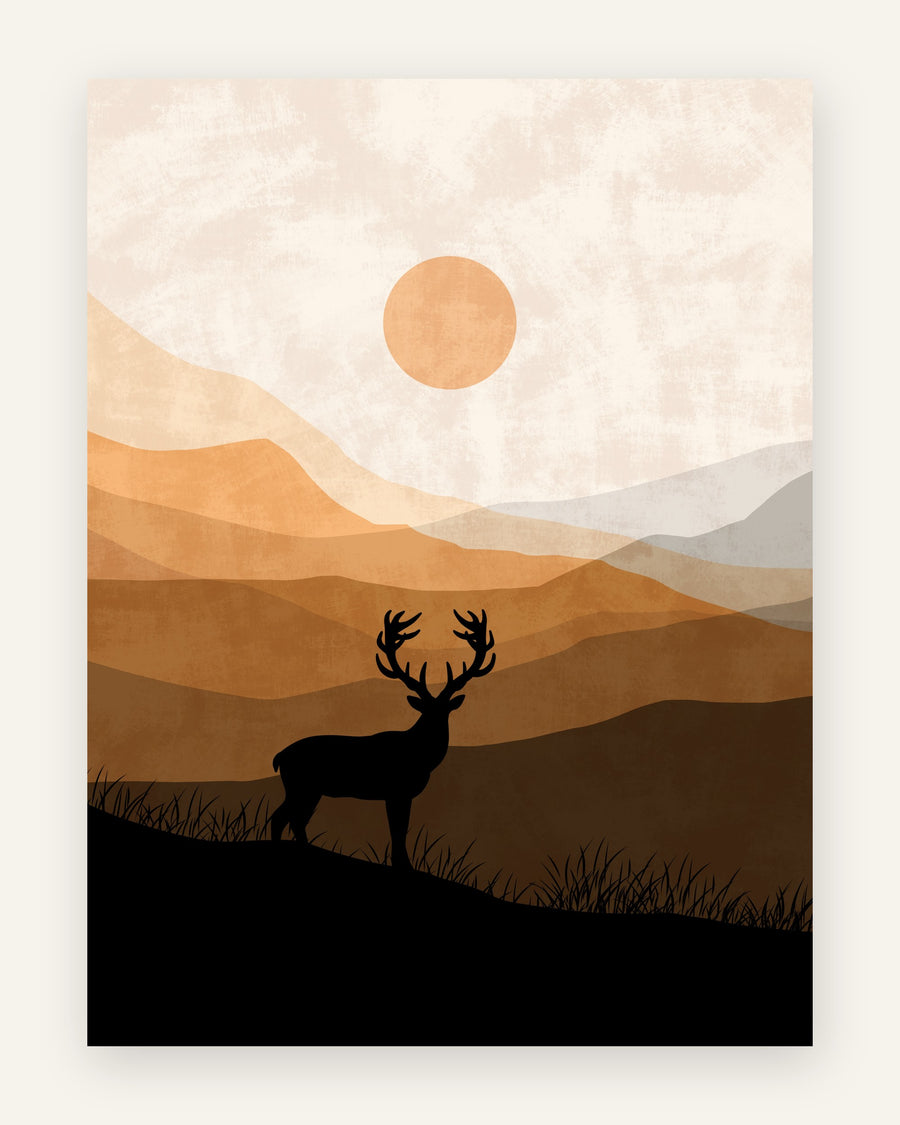 Børneplakat med sort hjortesilhuet mellem orange og blågrå bjerge med orange sol til drengeværelset