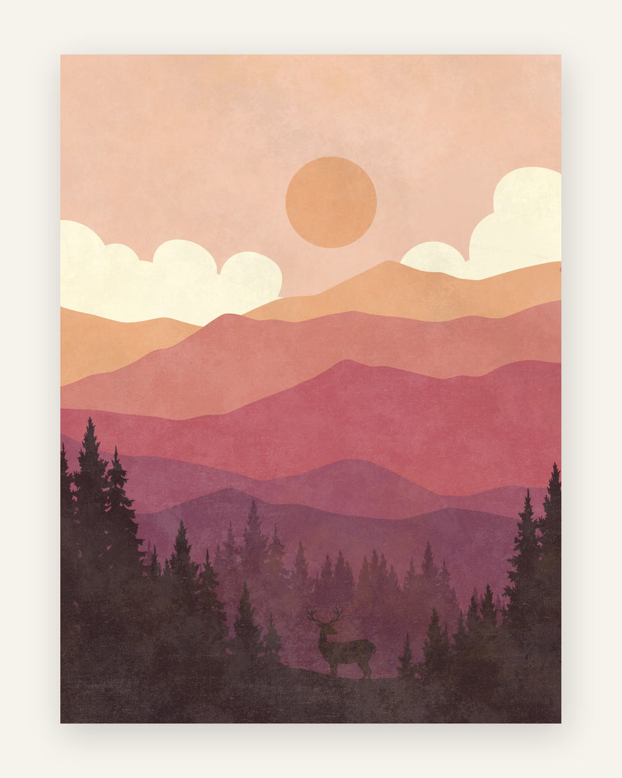 Børneplakat med lille hjortesilhuet i levende pink, magenta og lilla bjerge med orange sol og cremeskyer til pigeværelset