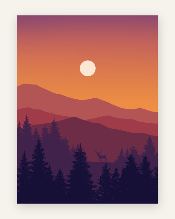 Børneplakat med lille hjortesilhuet i retro solnedgang med lilla og orange himmel og mørke nåletræer til børneværelset