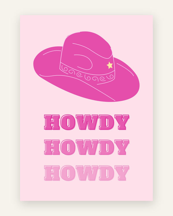 Børneplakat med howdy cowgirl i lyserøde toner til pigeværelset