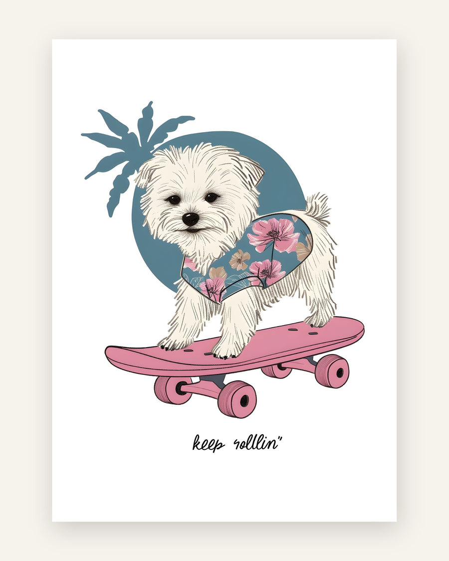 Børneplakat med hund på skateboard keep rollin til børneværelset