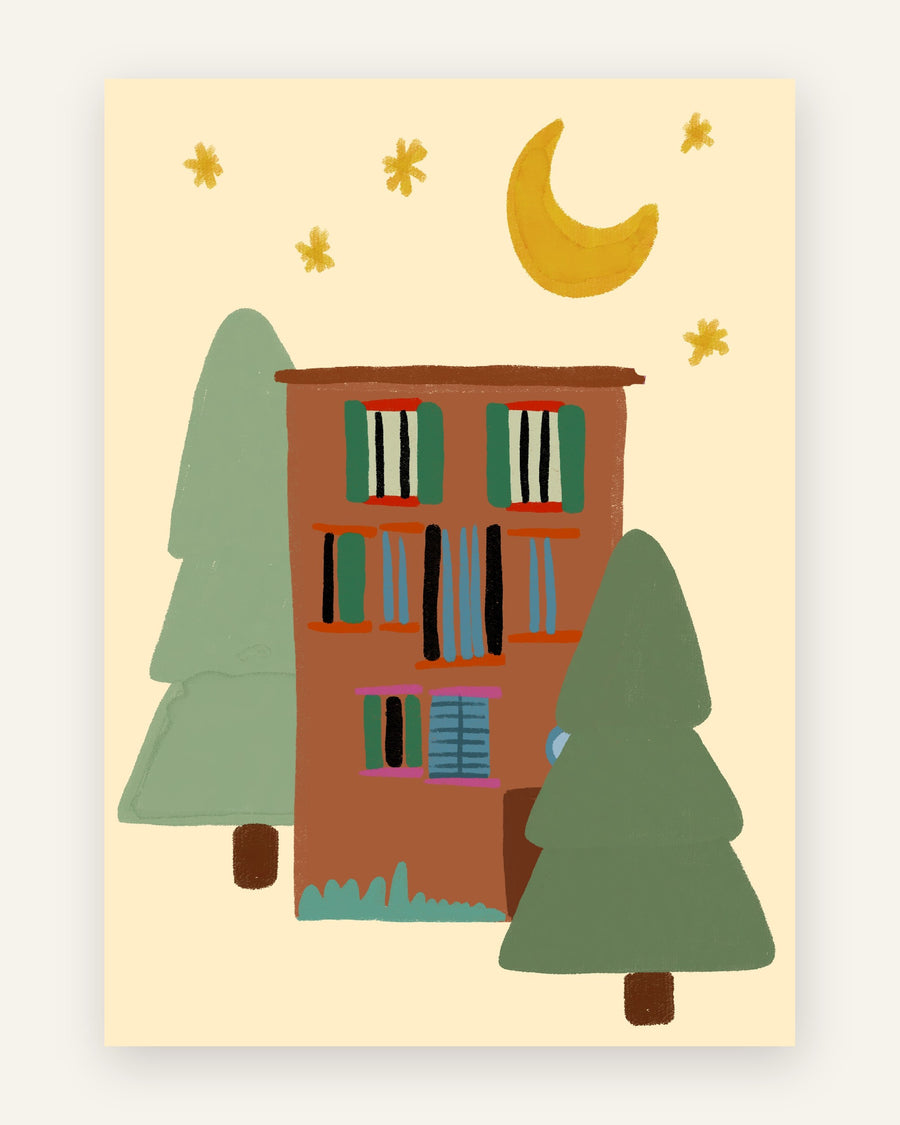 Plakat med hus i måneskin