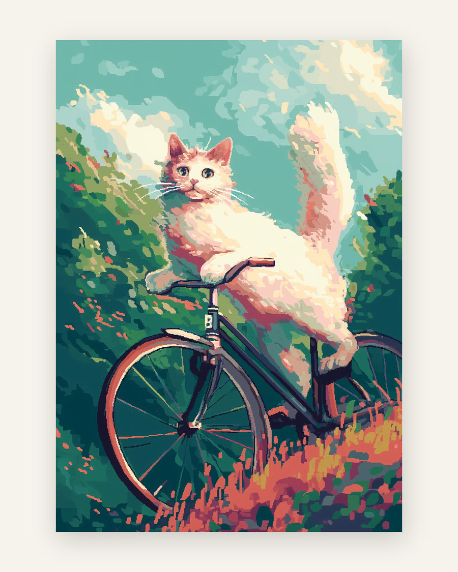 Børneplakat med hvid kat på cykel til børneværelset