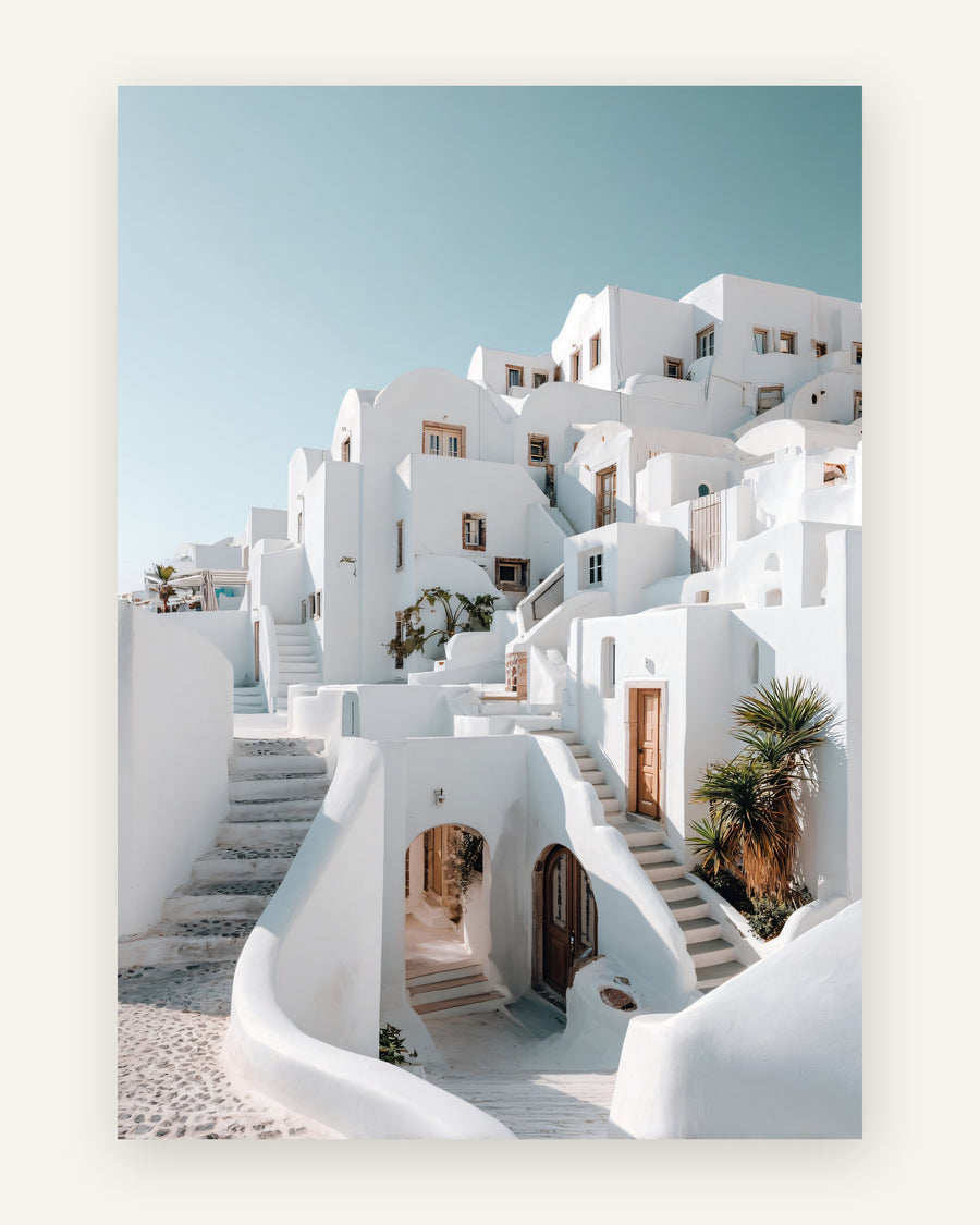 Plakat med hvide huse i santorini i sort-hvid