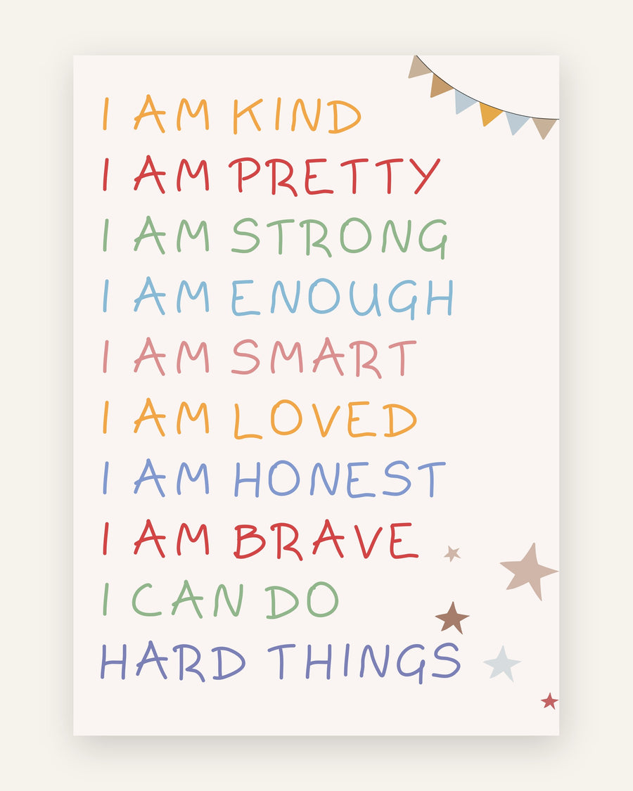 Børneplakat med i am kind affirmationer i friske farver til børneværelset