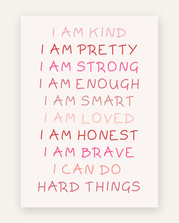 Børneplakat med i am kind affirmationer i lyserøde toner til pigeværelset