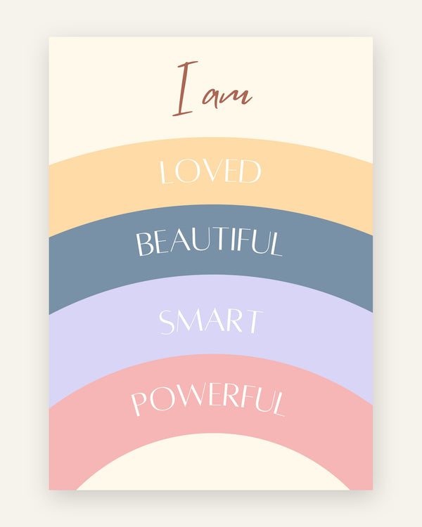 Børneplakat med i am loved affirmationsregnbue i bløde pasteller til børneværelset