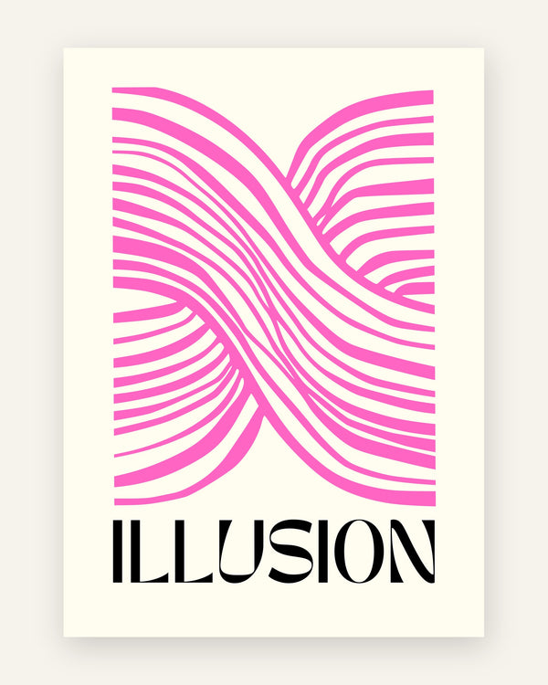 Op art plakat med bølgede pink streger og teksten Illusion på cremefarvet baggrund