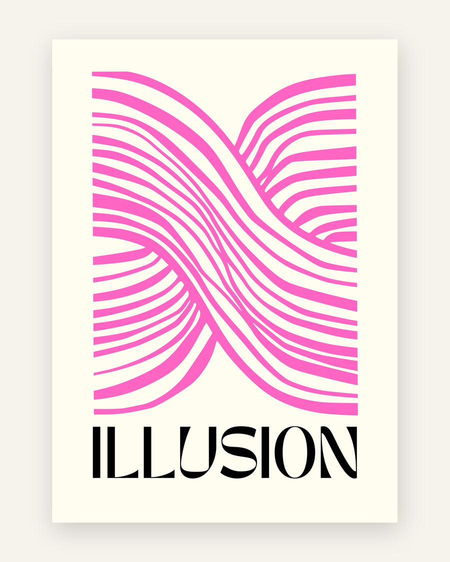Op art plakat med bølgede pink streger og teksten Illusion på cremefarvet baggrund