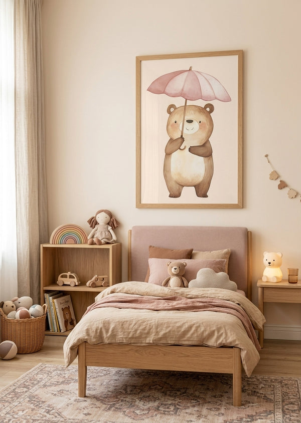 Børneplakat med bamse under paraply til børneværelset
