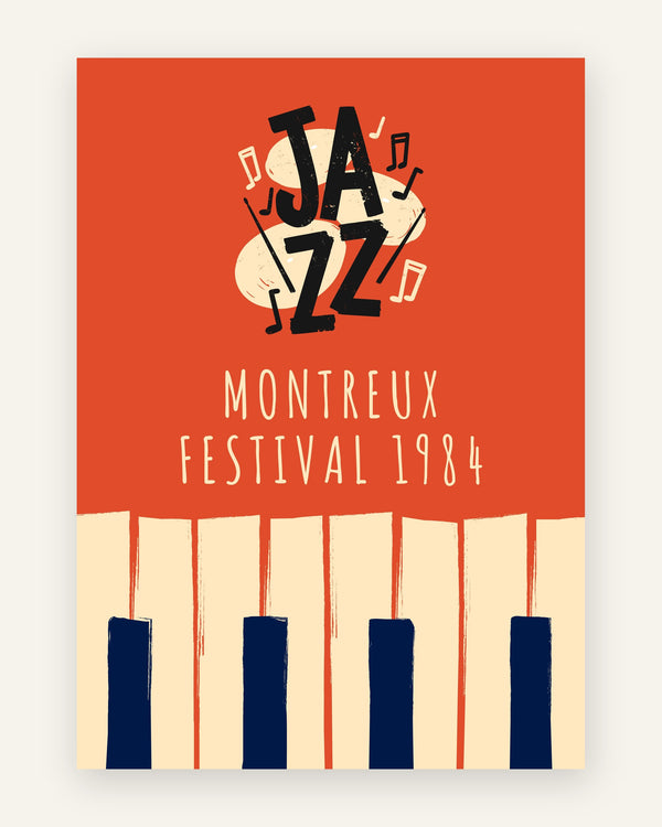 Retro jazz festival plakat med klavertangenter og noder i orange, creme og navyblå