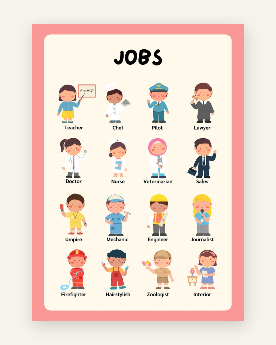 Børneplakat med jobs i friske farver til børneværelset
