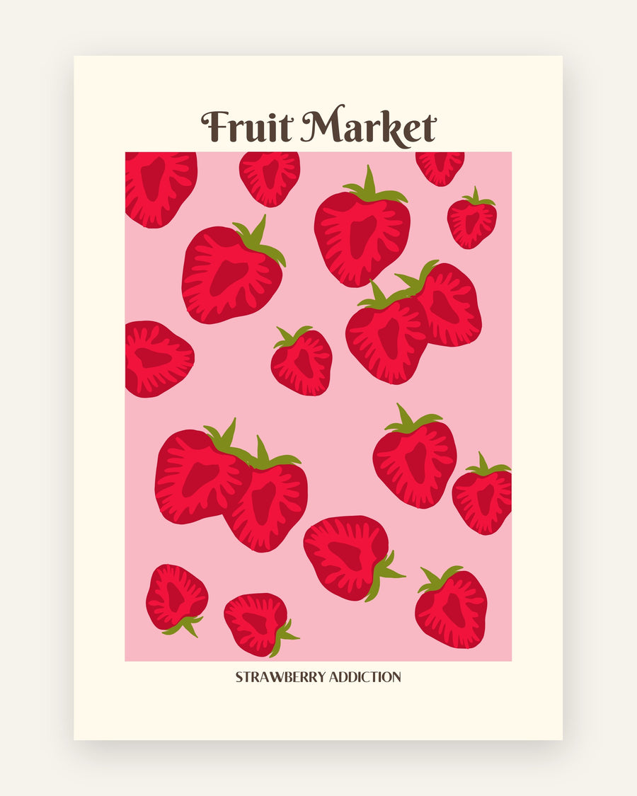Plakat i fruit market-stil med røde jordbær på lyserød baggrund og teksten Strawberry Addiction