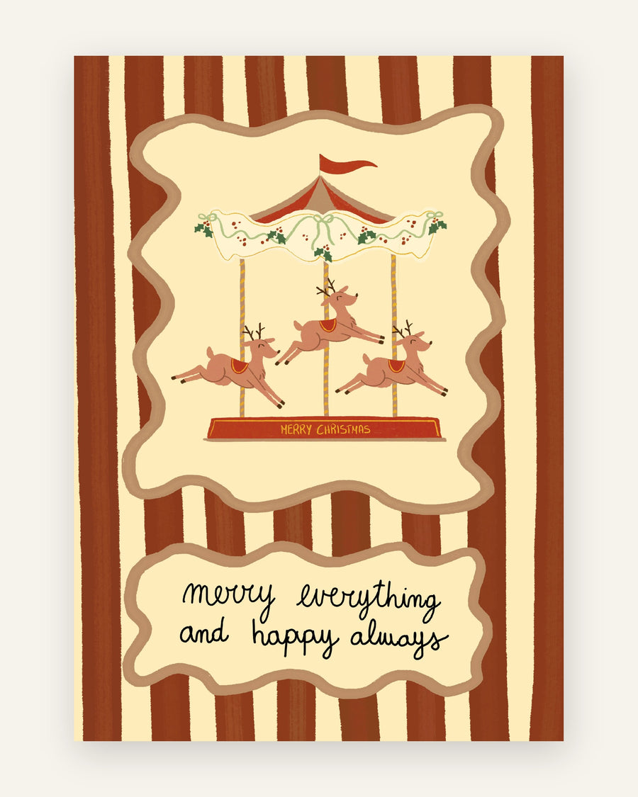 Børneplakat i retrostil med en julekarrusel med tre springende rensdyr, teksten Merry Christmas og merry everything and happy always på brun-cremestribet baggrund til børneværelset
