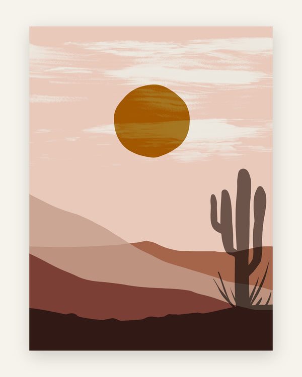 Boho-plakat med brun kaktus, lagdelte klitter i støvet rosa og terracotta og gylden sol på lyserød himmel til børneværelset