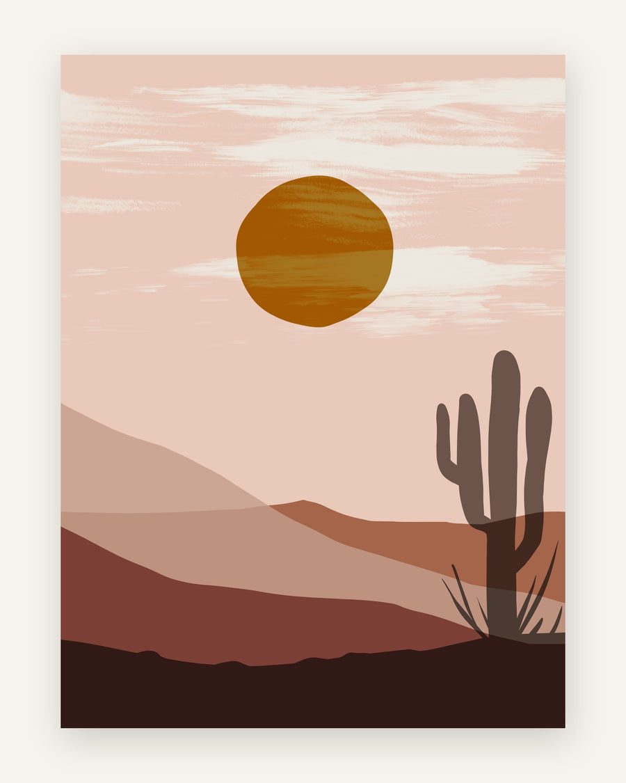 Boho-plakat med brun kaktus, lagdelte klitter i støvet rosa og terracotta og gylden sol på lyserød himmel til børneværelset