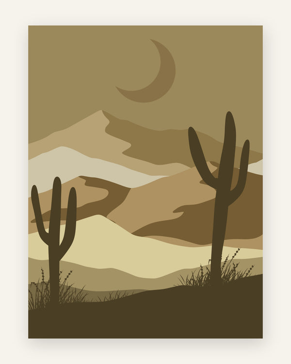 Minimalistisk plakat med to mørke kaktusser i silhuet, lagdelte klitter og nymåne i varme sand- og khakitoner til børneværelset