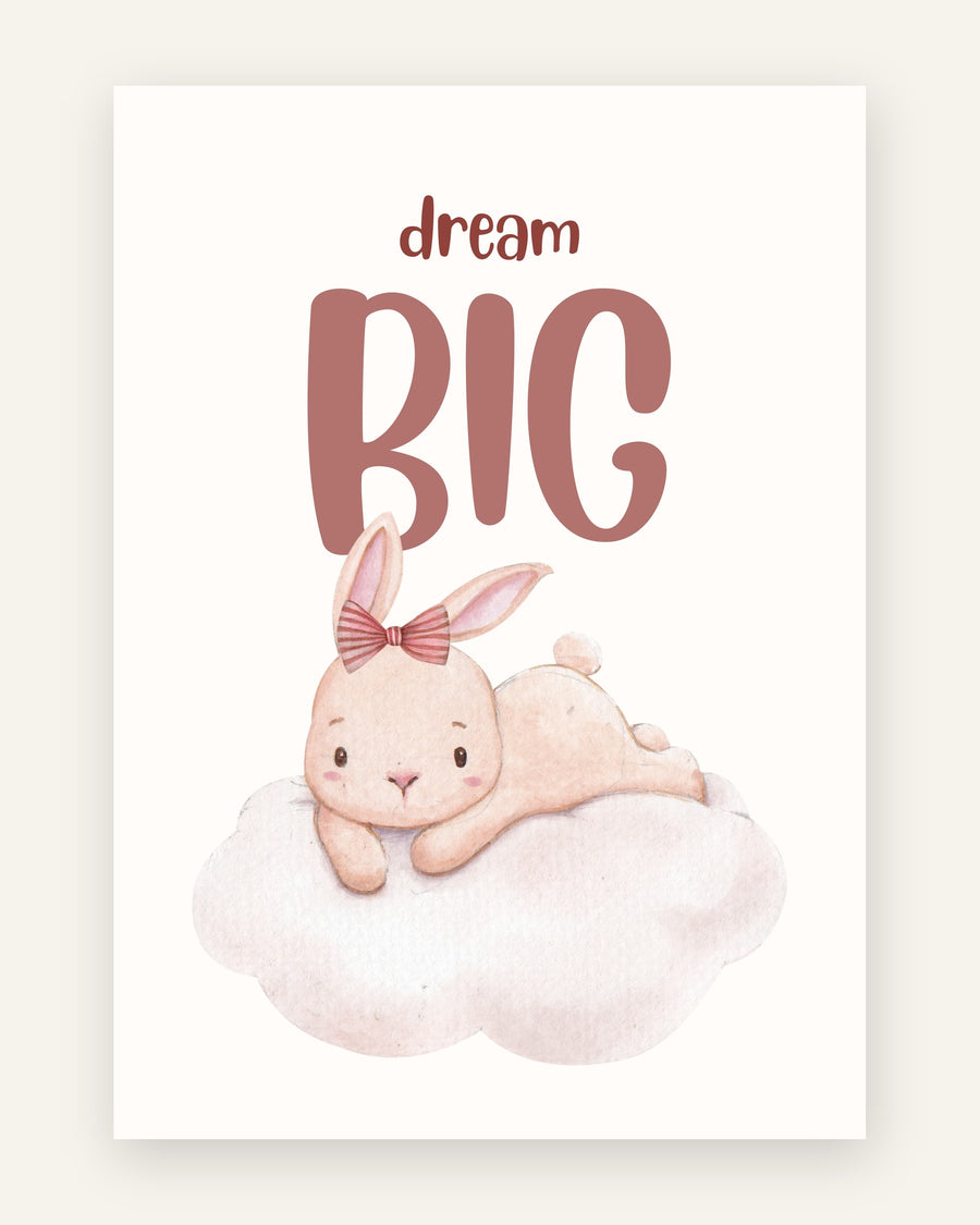 Børneplakat med kanin - dream big i beige til pigeværelset