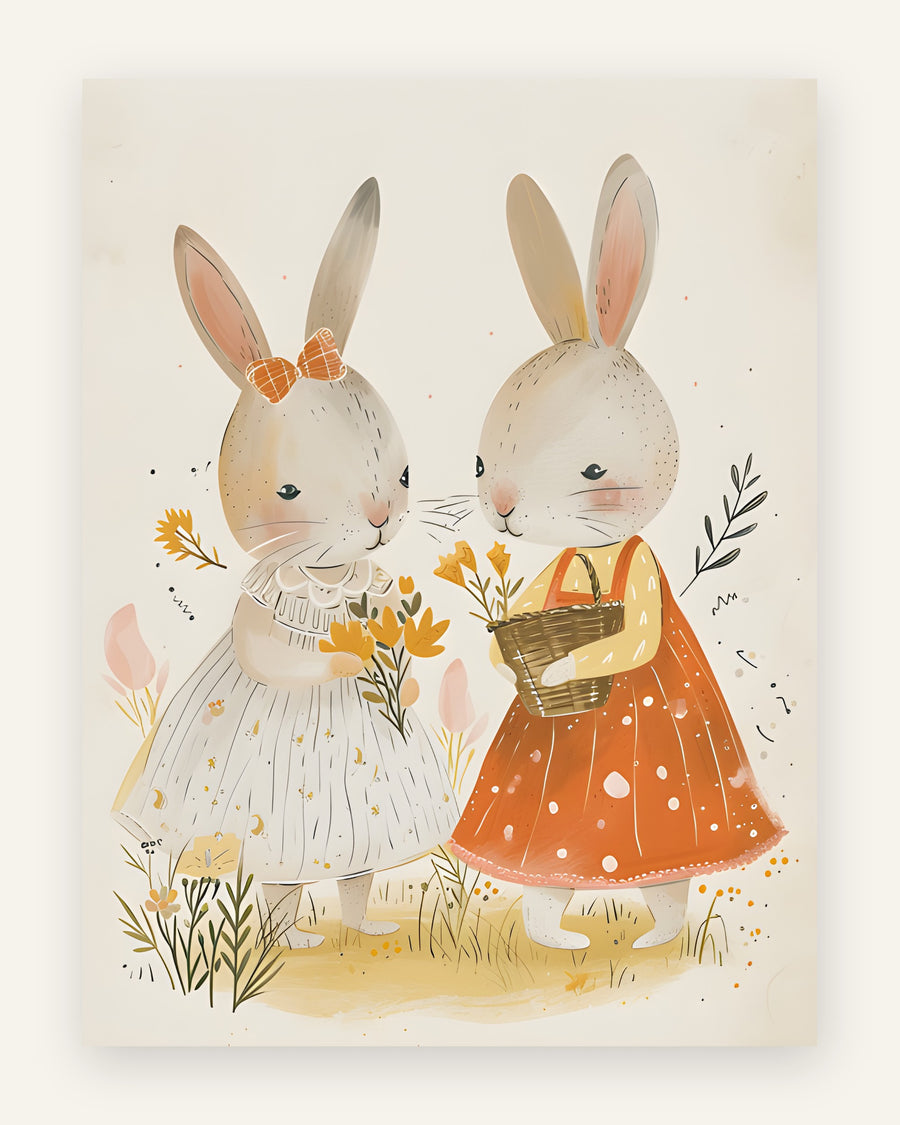 Børneplakat i naiv folkekunststil med to kaniner i sommerkjoler, en i creme kjole og en i orange prikket kjole med blomster og kurv til pigeværelset