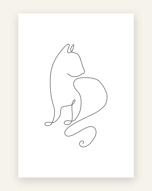 Minimalistisk plakat med en kat tegnet i én sammenhængende sort streg på hvid baggrund