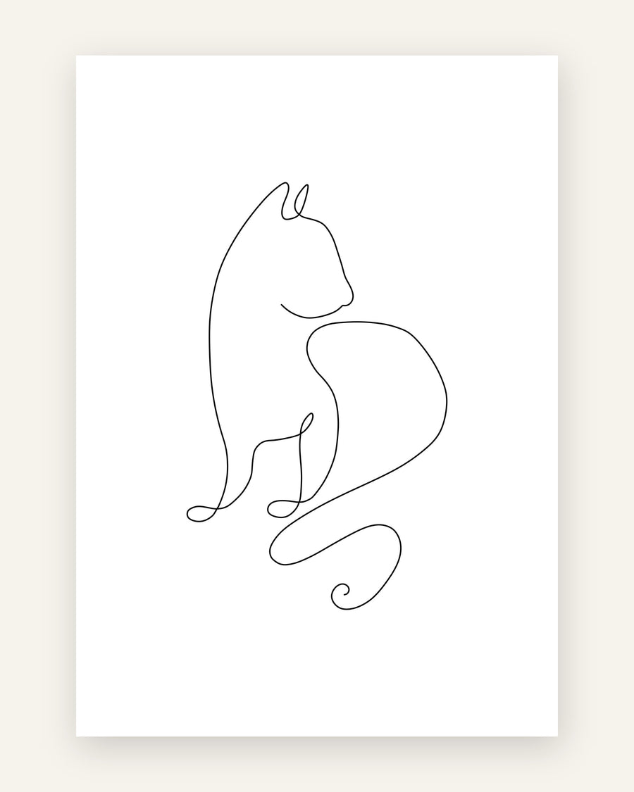 Minimalistisk plakat med en kat tegnet i én sammenhængende sort streg på hvid baggrund