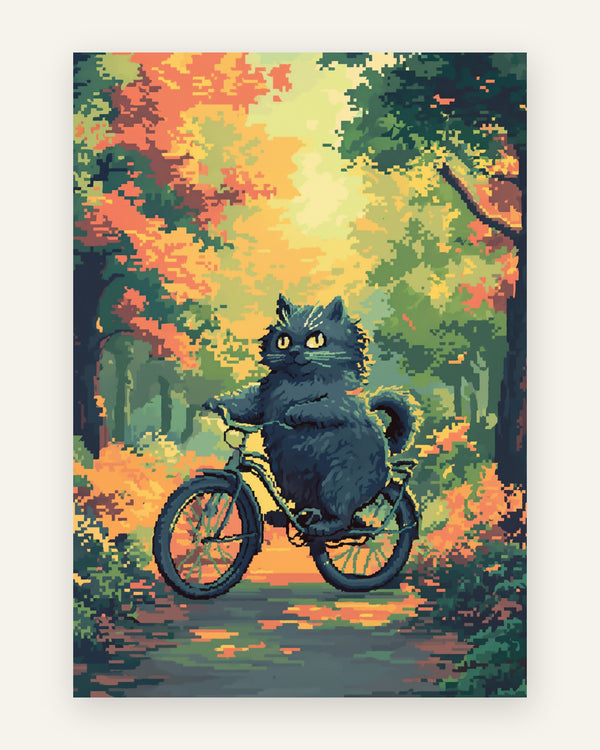 Børneplakat med en mørk blågrå fluffy kat, der cykler gennem en efterårsskov i orange og grønt, i retro pixelkunst til børneværelset