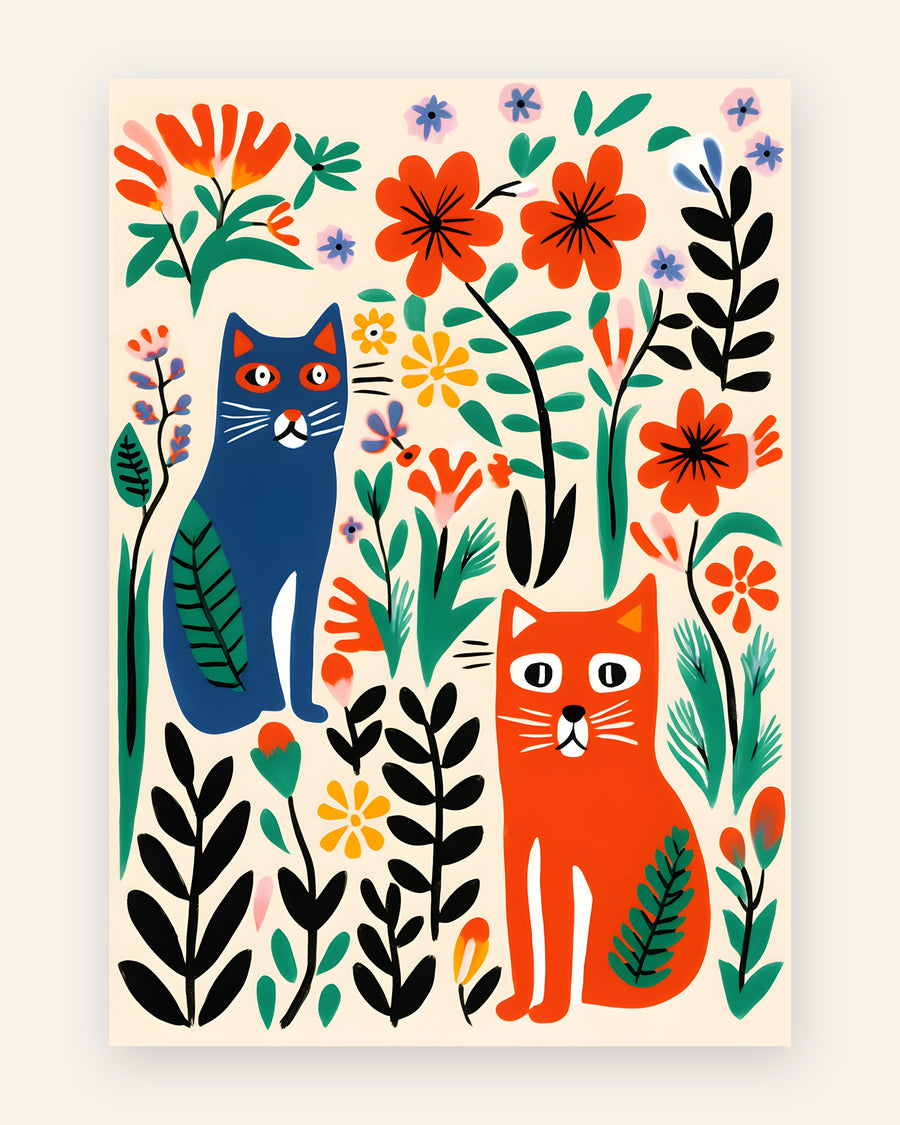 Børneplakat med to katte i mørkeblå og rødorange omgivet af farverige blomster på cremefarvet baggrund i naiv folkekunst til børneværelset