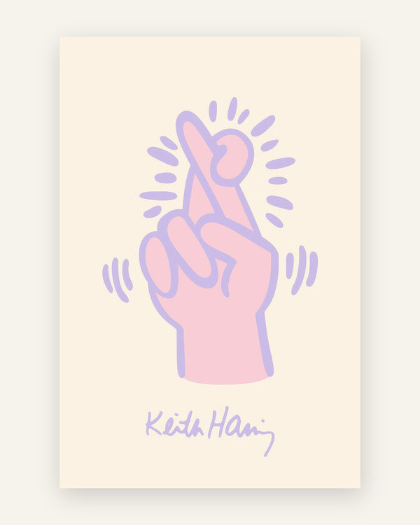 Børneplakat med keith haring held i lyserøde toner til børneværelset