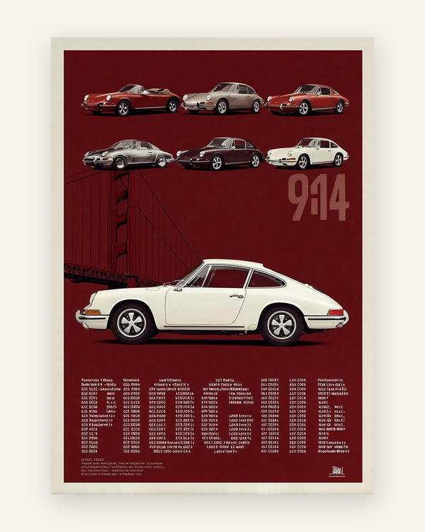 Vintage bilplakat med seks klassiske Porsche 911-modeller og en stor cremefarvet 911 på bordeauxrød baggrund