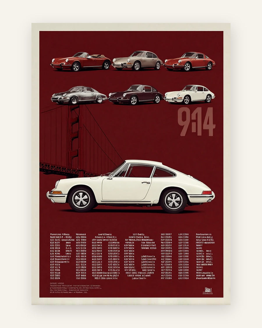 Vintage bilplakat med seks klassiske Porsche 911-modeller og en stor cremefarvet 911 på bordeauxrød baggrund