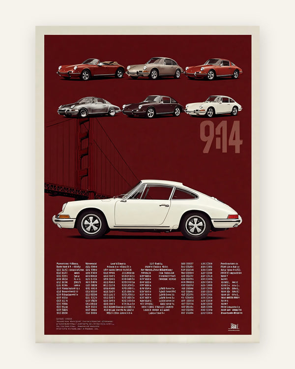 Vintage bilplakat med klassiske Porsche 911-modeller og en stor cremefarvet 911 på bordeauxrød baggrund