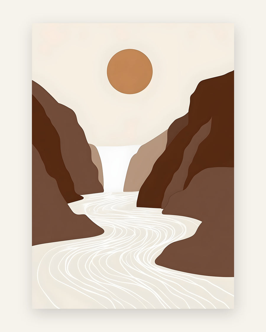 Minimalistisk boho-plakat med brune kløftvægge, snoet flod i hvide linjer og caramelfarvet sol på creme himmel til børneværelset
