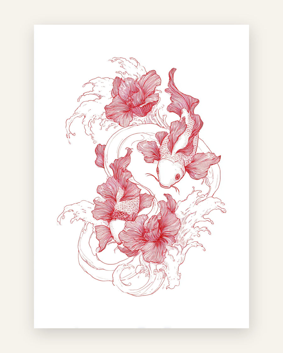 Børneplakat med koi og blomster i røde toner til børneværelset