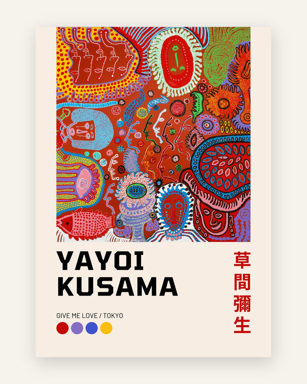 Børneplakat med kusama give me love i røde toner til børneværelset