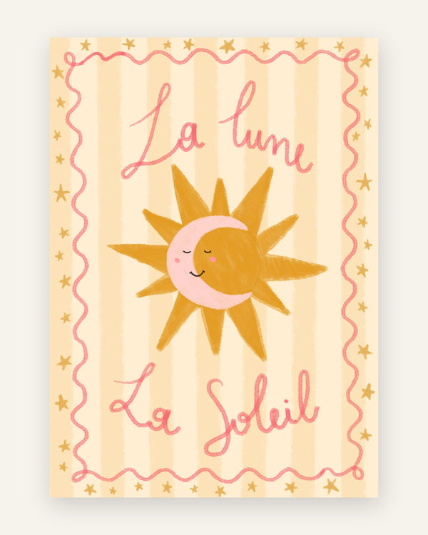 Børneplakat med la lune la soleil i gule toner til pigeværelset