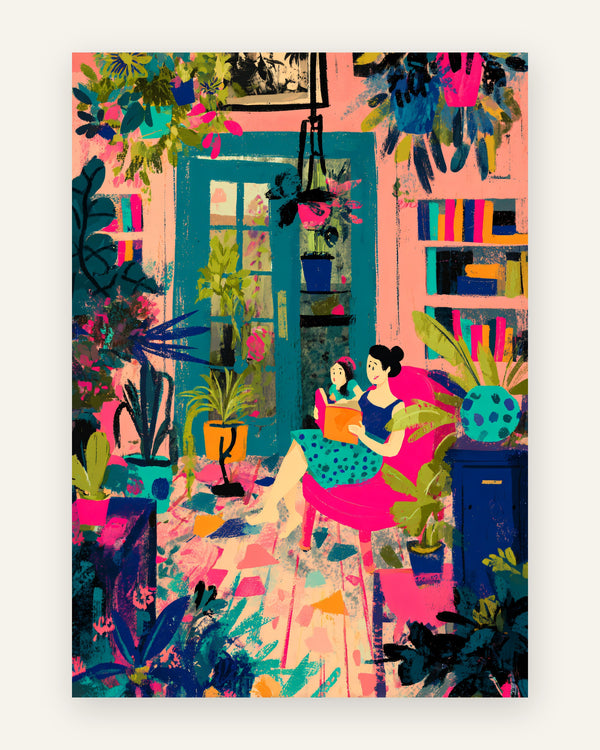Børneplakat med læsestunden i friske farver til børneværelset