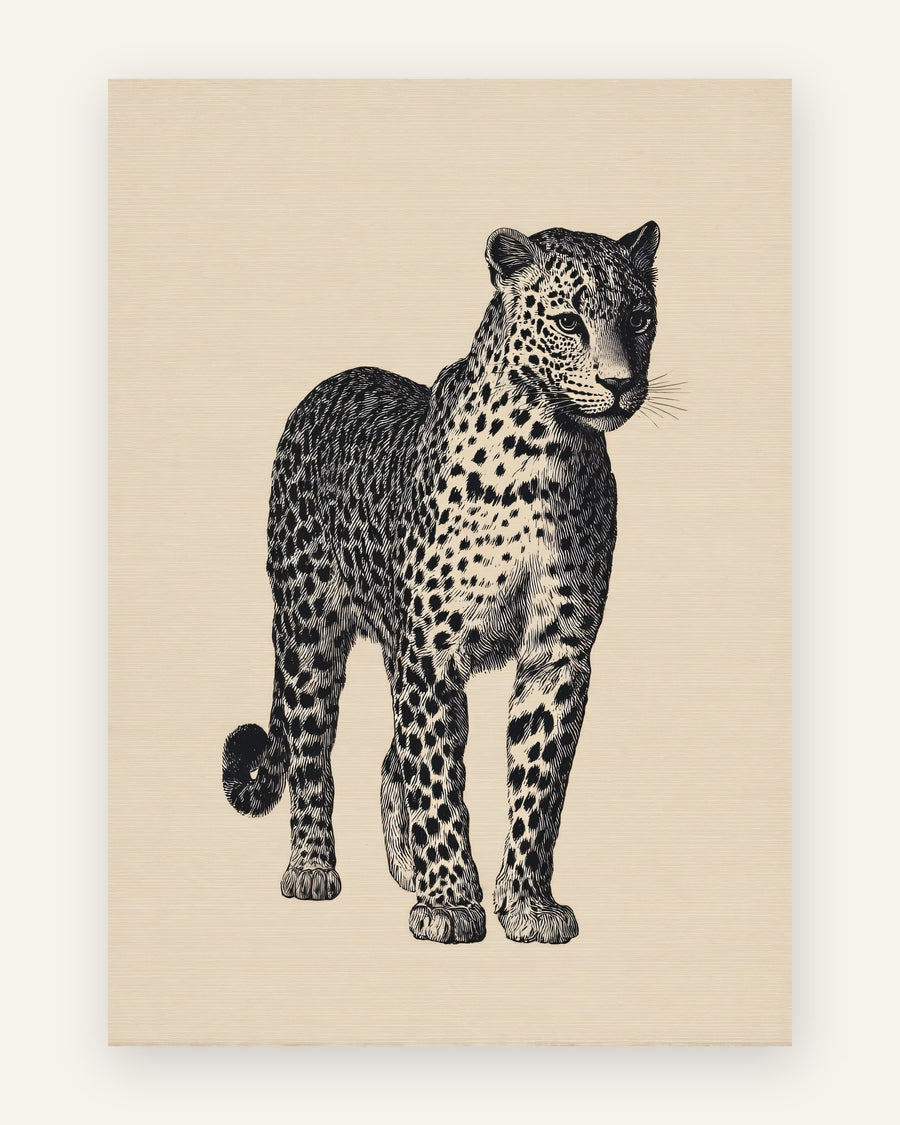 Børneplakat med leopard i blæk i sort-hvid til børneværelset