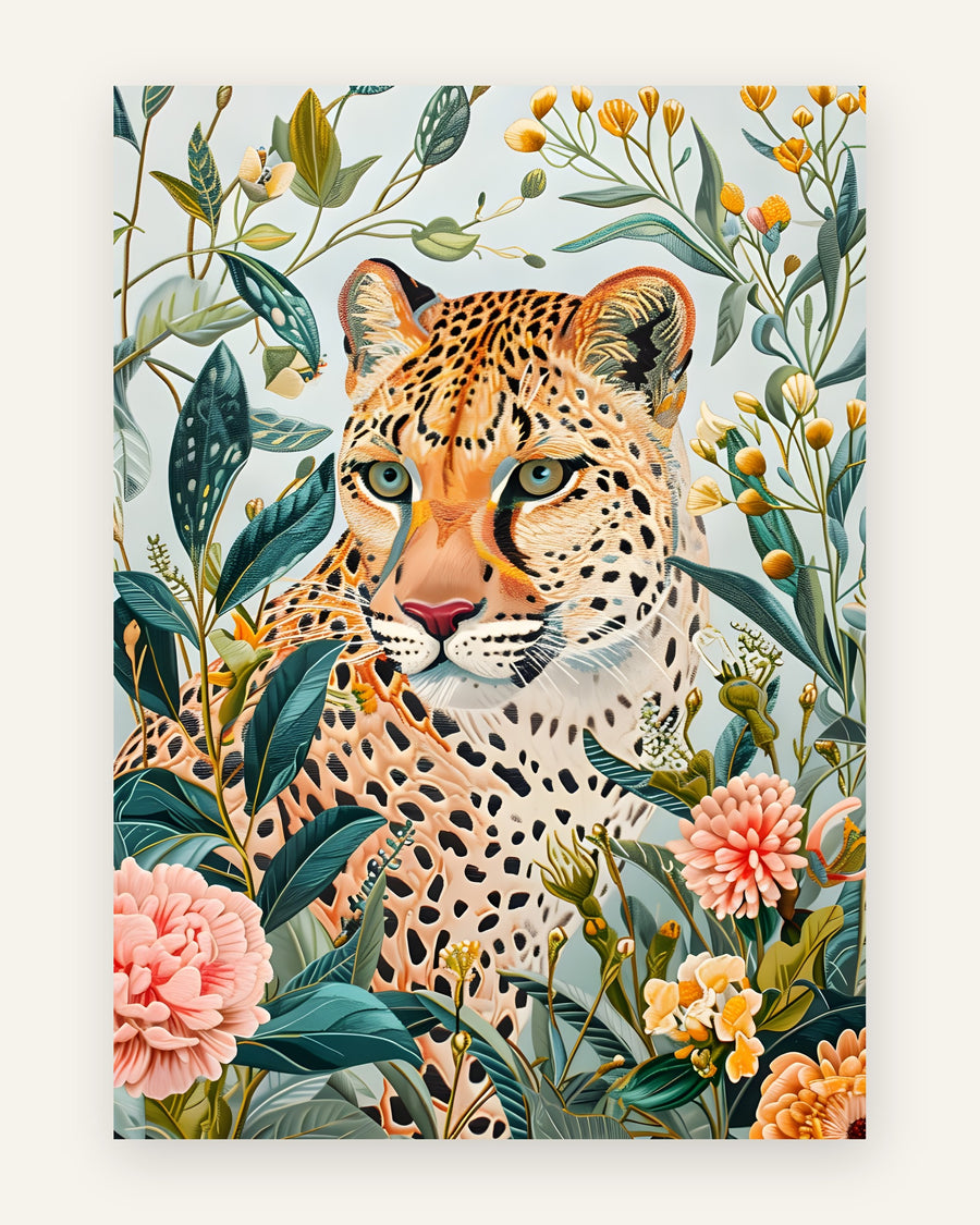Børneplakat med leopard i blomsterhave i friske farver til børneværelset