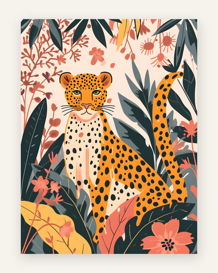 Børneplakat med leopard i junglen i orange toner til børneværelset
