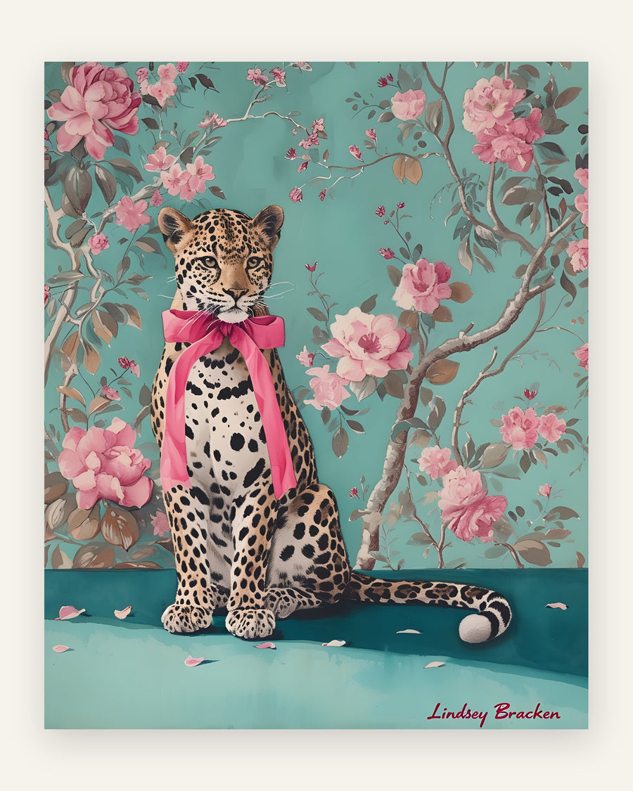 Børneplakat med leopard med lyserød sløjfe i lyserøde toner til pigeværelset