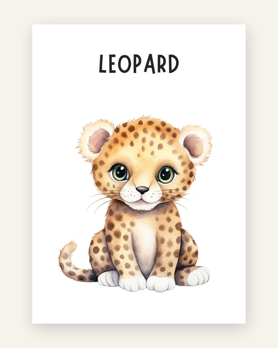 Børneplakat med leopardunge leopard i orange toner til børneværelset