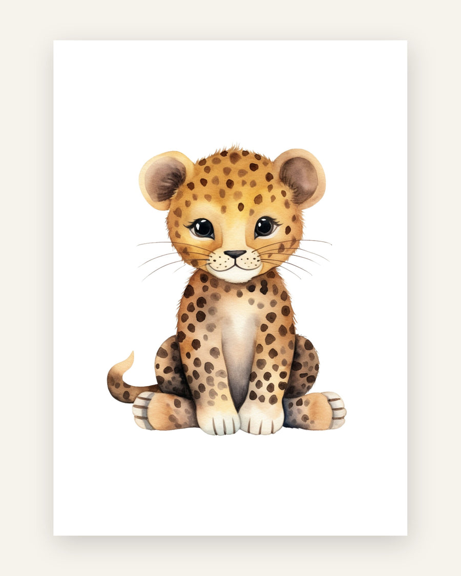 Børneplakat med leopardunge i orange toner til børneværelset