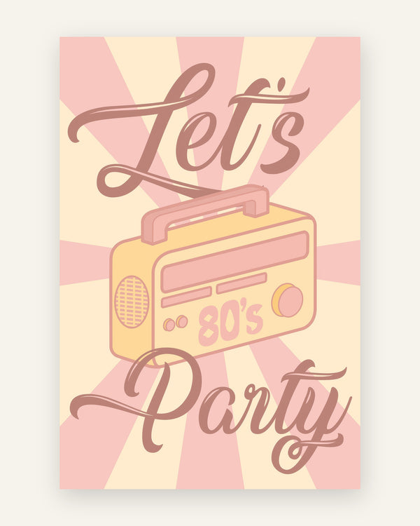 Børneplakat med let's party 80's i lyserøde toner til børneværelset