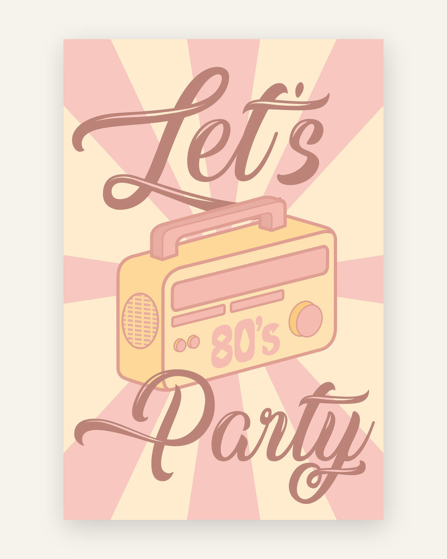 Børneplakat med let's party 80's i lyserøde toner til børneværelset