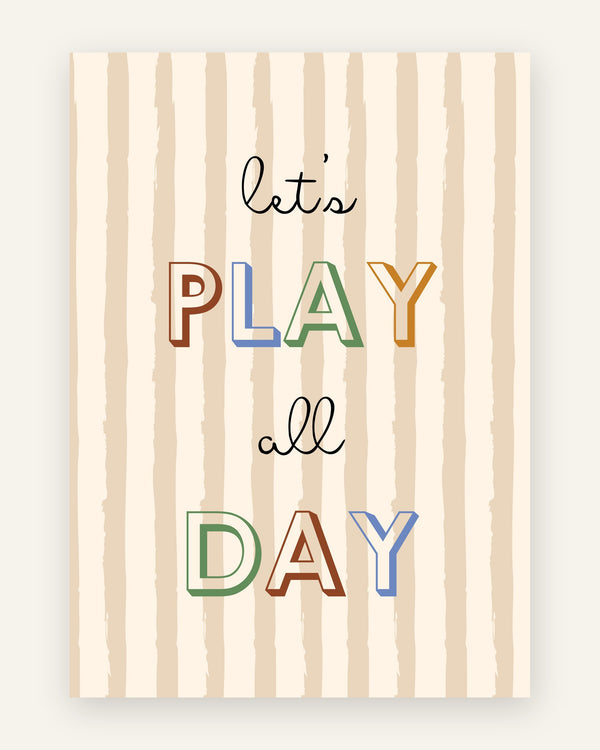 Børneplakat med let's play all day i friske farver til børneværelset