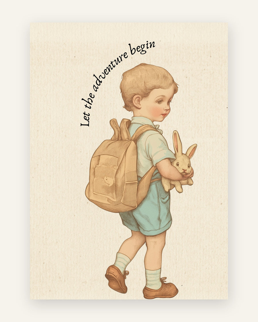 Børneplakat med let the adventure begin i beige til drengeværelset