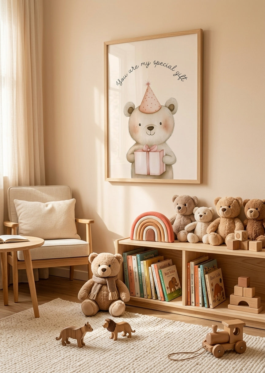 Lyserød børneplakat med bamse til babyværelset