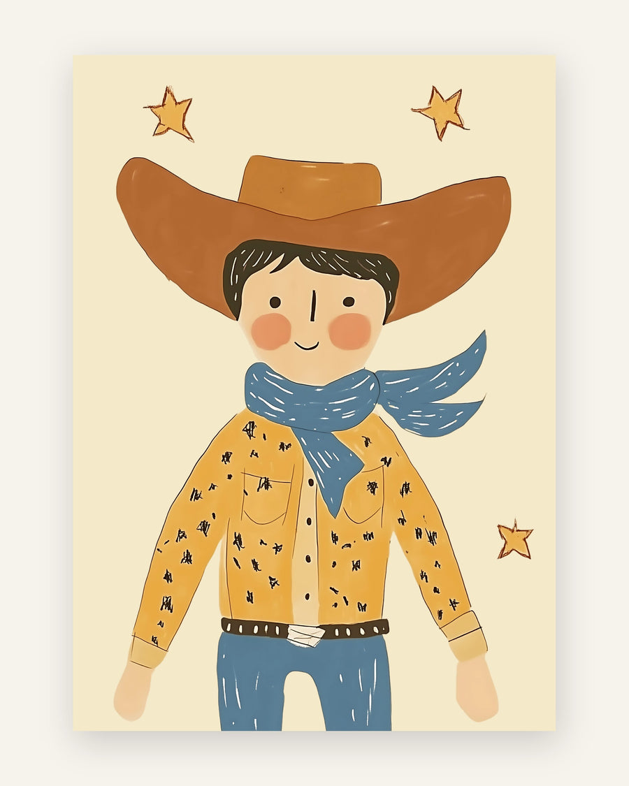 Børneplakat med lille cowboy i gule toner til drengeværelset