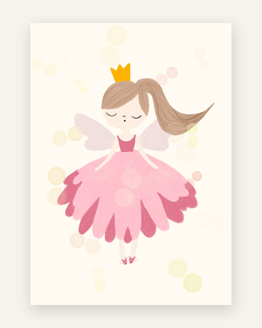 Børneplakat med lille prinsessefe i lyserøde toner til pigeværelset